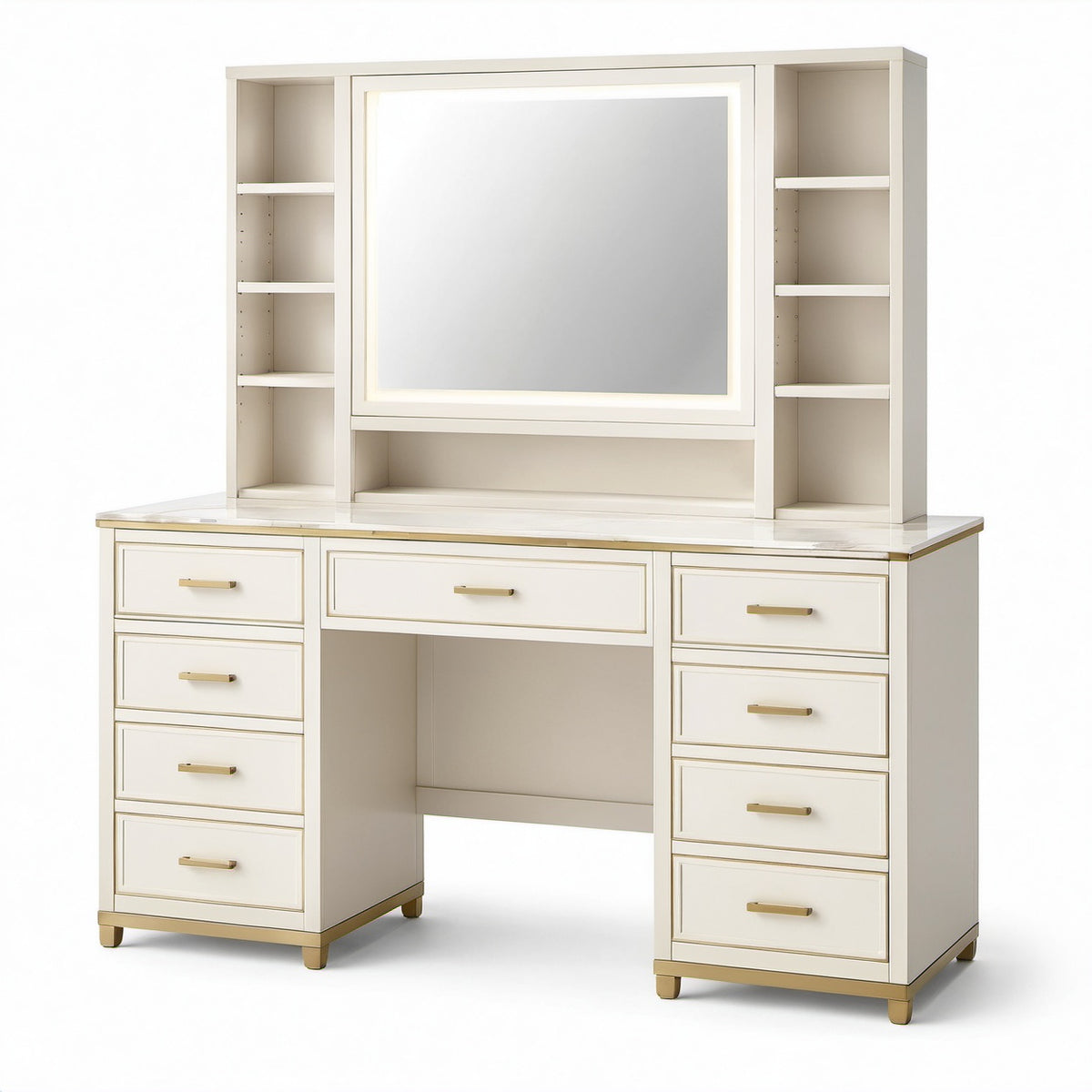 Toeletta bianca e oro 150 × 50 × 180 cm con specchio illuminato, 9 cassetti e ripiani regolabili