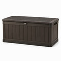 Cassapanca da esterno con seduta in resina marrone scuro effetto legno, 120 × 56 × 63 cm