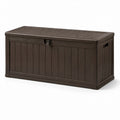 Baule da esterno in resina marrone scuro effetto legno, 120 × 55 × 60 cm, con coperchio e chiusura per lucchetto