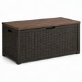 Panca contenitore da esterno in resina effetto rattan con coperchio effetto legno, marrone scuro, 120 × 50 × 60 cm