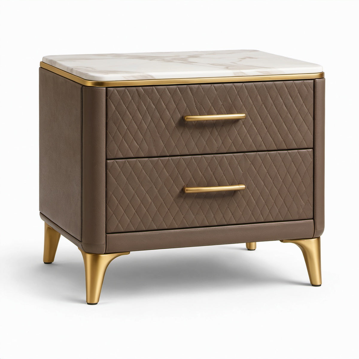 Comodino moderno con 2 cassetti, 60 × 45 × 58 cm, in similpelle tortora con piano bianco effetto marmo e dettagli dorati
