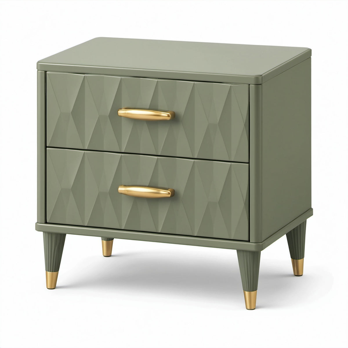 Comodino verde salvia e oro con 2 cassetti e motivo geometrico, 50 × 40 × 55 cm