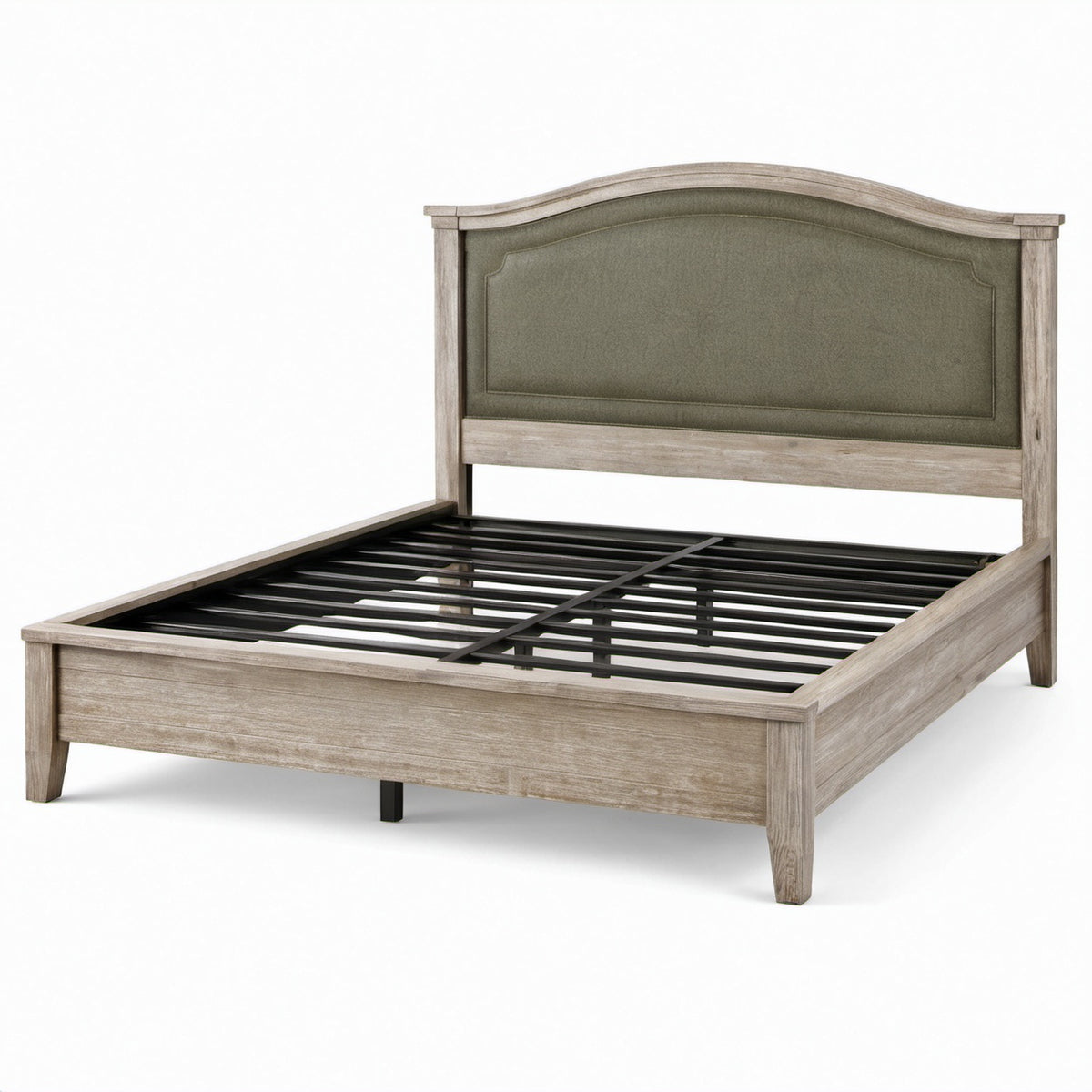 Letto matrimoniale in legno composito beige con testiera imbottita verde oliva, 215 × 170 × 135 cm