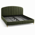 Letto matrimoniale in velluto verde oliva con testiera scanalata e rete metallica, 170 x 220 x 110 cm