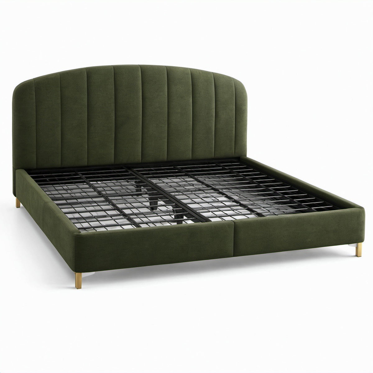 Letto matrimoniale in velluto verde oliva con testiera scanalata e rete metallica, 170 x 220 x 110 cm