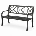 Panca da giardino in metallo nero con schienale decorativo e braccioli, 120 × 60 × 85 cm
